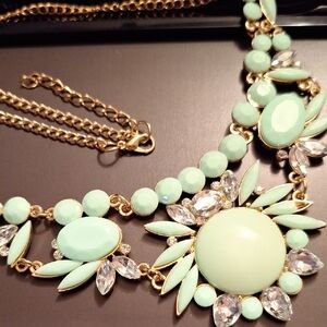 Mint Green Rhinestone And Gold Statement Necklace